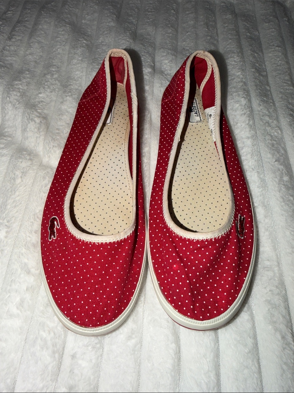 Lacoste Red Polka Dot Slip-On Ballet Flats with Cream Trim | Size 10